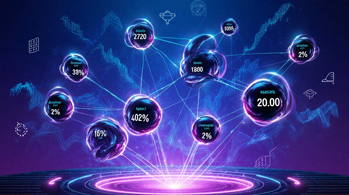 Neon-lit nodes swirl around financial hub with intersecting geometric shapes and blue-purple gradient