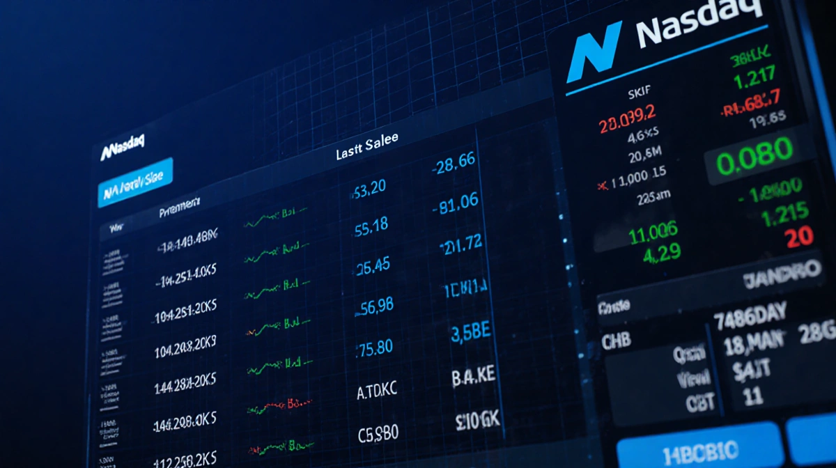 Stock market ticker screen showing real-time Nasdaq prices with dark blue gradient background and grid pattern