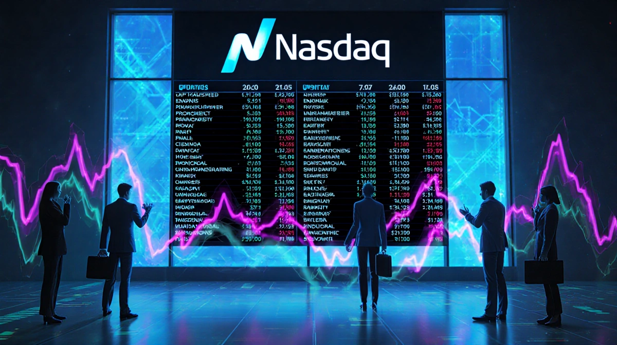 Modern trading floor shows Nasdaq stock prices with animated lines and bold geometric patterns