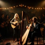 Amy Grant and Wyatt Ellis singing together with Celtic harp and guitar in dim Nashville‑Belfast room lit by string lights