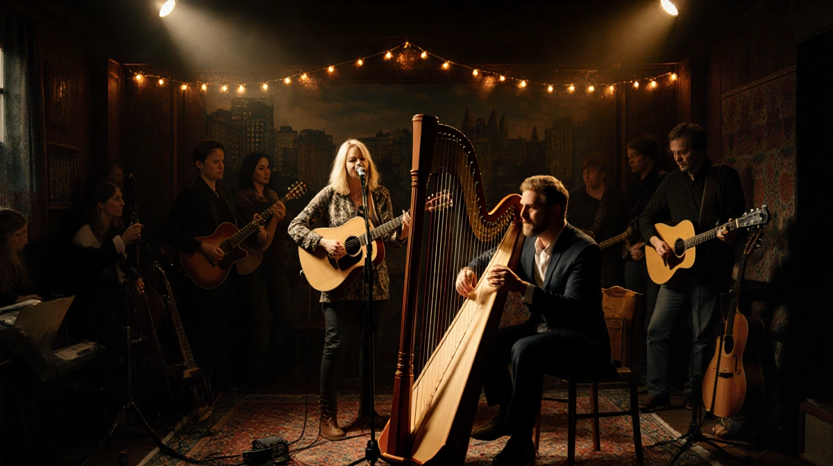 Amy Grant and Wyatt Ellis singing together with Celtic harp and guitar in dim Nashville‑Belfast room lit by string lights