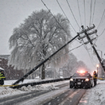 Downed power line lies across a snow‑covered street in Nashville with a police car nearby and a frozen tree in the background