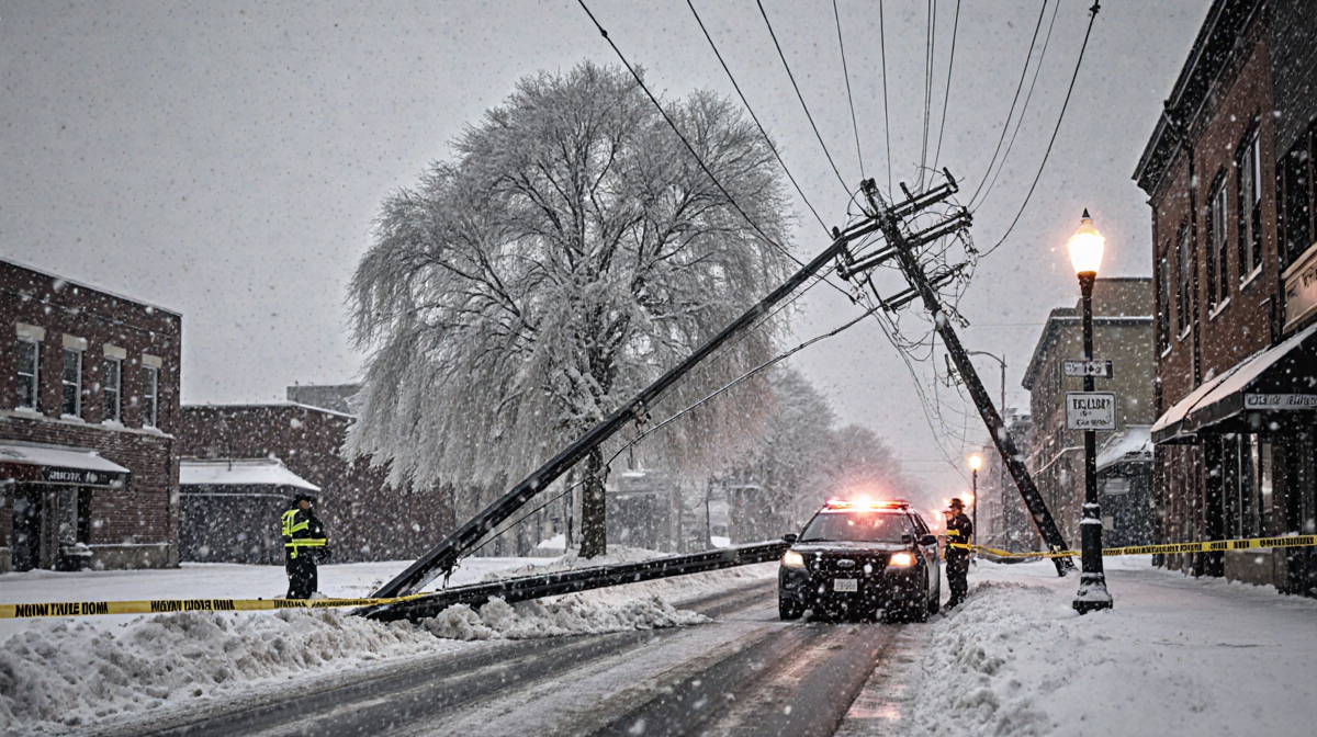 Downed power line lies across a snow‑covered street in Nashville with a police car nearby and a frozen tree in the background
