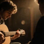 Nat Wolff playing acoustic guitar with Alex Wolff across from him in warm studio lighting