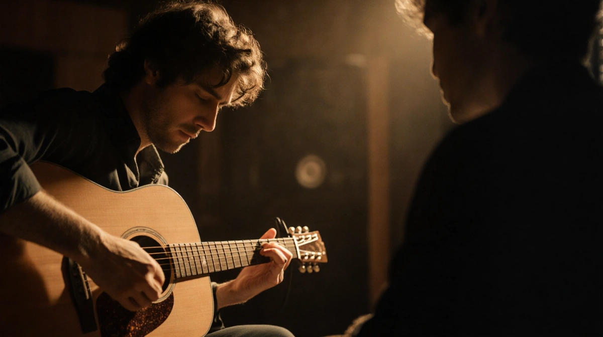Nat Wolff playing acoustic guitar with Alex Wolff across from him in warm studio lighting