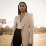 Natalia Bryant stands confidently with a subtle basketball hoop background showing her father