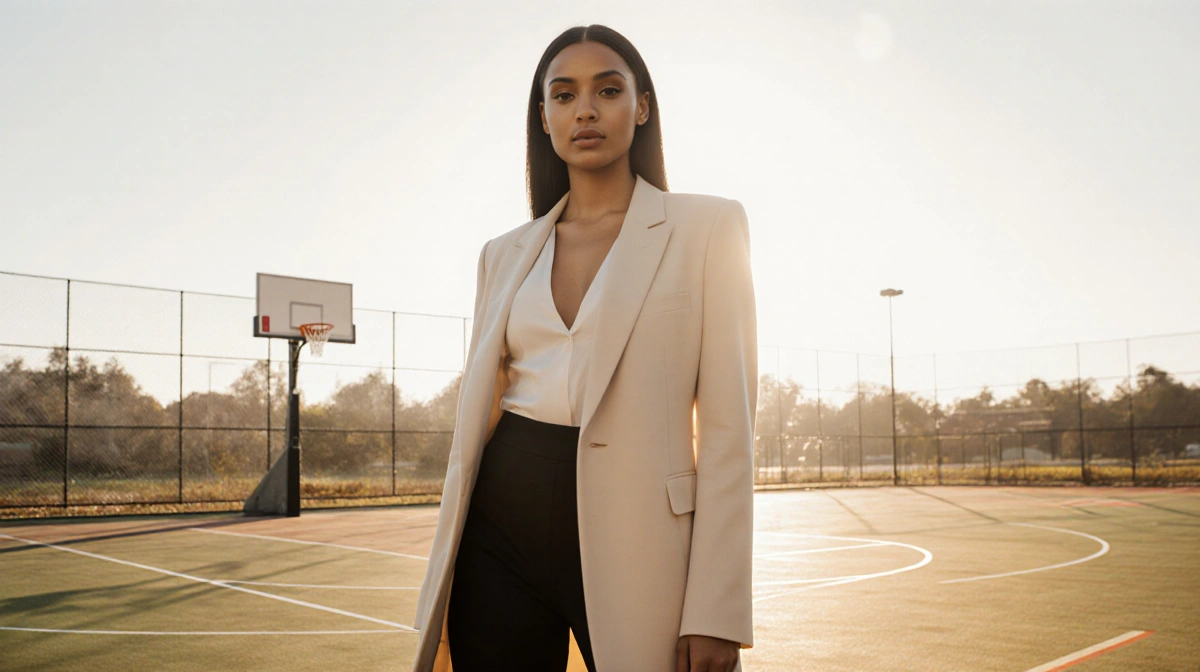 Natalia Bryant stands confidently with a subtle basketball hoop background showing her father