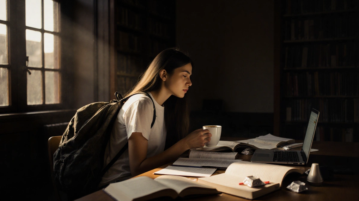 Natalia Bryant studying in a dim library room with a coffee cup and open textbooks.