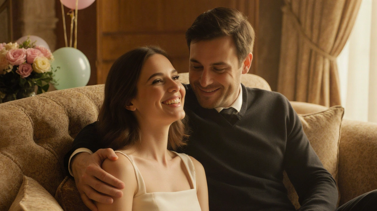 Natalie Lock smiling on couch with Drew