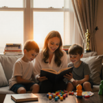 Natalie Portman sits on couch with her two children family warm sunset glow books and toys around