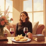 Natalie Portman reading in cozy book nook with wine and cheese on table behind her
