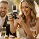 Natasha Bure holding a polaroid camera with golden light and glitter, smiling amid a wedding reception with champagne glasses