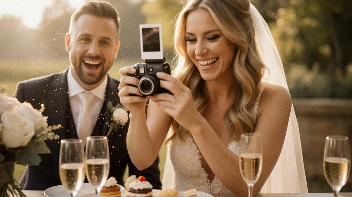 Natasha Bure holding a polaroid camera with golden light and glitter, smiling amid a wedding reception with champagne glasses