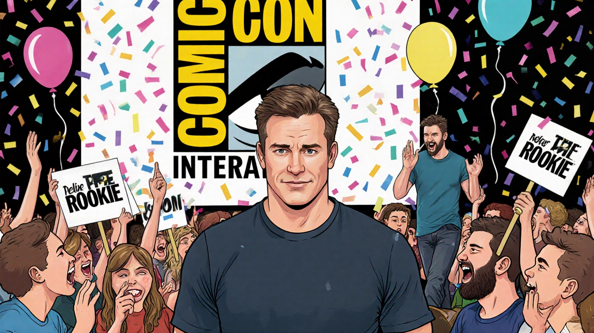 Nathan Fillion waves to cheering fans with Comic-Con poster behind him and Pete Davidson walking away in background