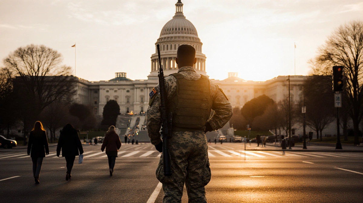National Guard soldier stands watch with hand on rifle and Capitol dome glowing at sunset