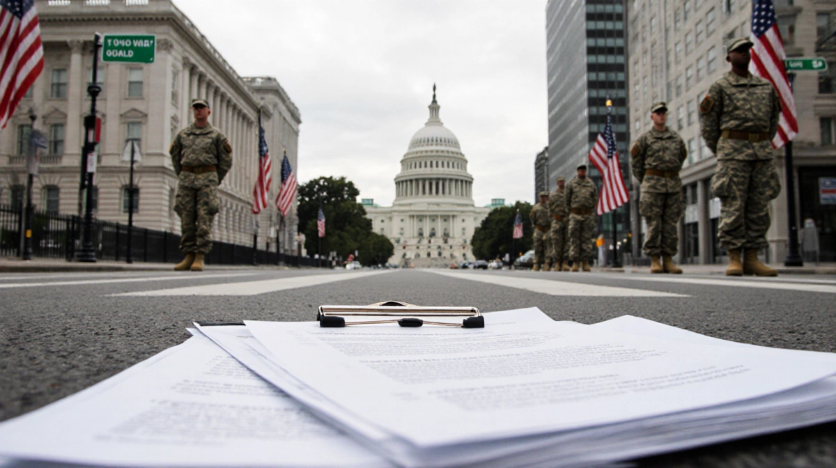 National Guard members stand at attention with American flags and legal documents on ground showing Washington DC deployment