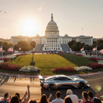 Grand Prix car racing around a sharp curve with the U.S. Capitol bathed in sunset glow and excited crowds in foreground
