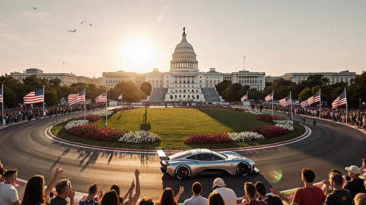 Grand Prix car racing around a sharp curve with the U.S. Capitol bathed in sunset glow and excited crowds in foreground