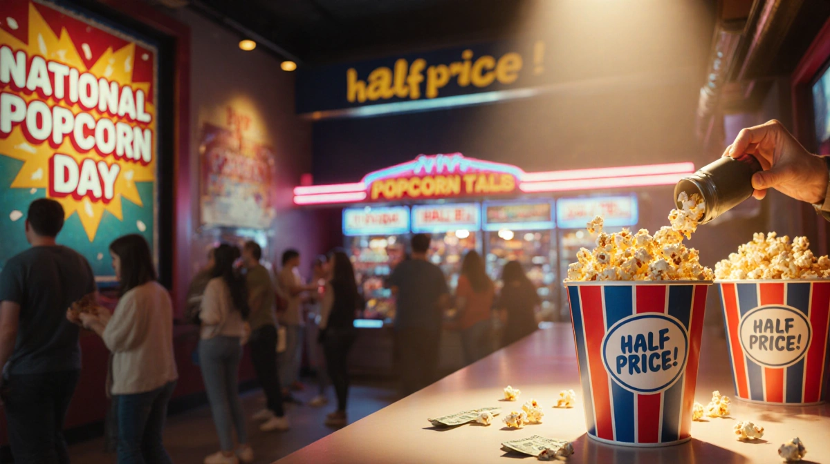 Theater worker fills half-price popcorn bucket with colorful treats under warm light near National Popcorn Day poster