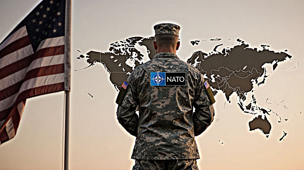 NATO soldier standing with back to a distant map while an American flag flutters nearby evoking detachment and disrespect.