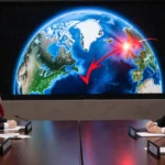 NATO leaders meeting around wooden table with world map showing red alerts over Greenland