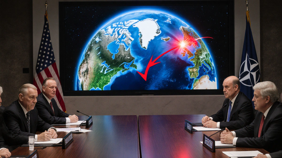 NATO leaders meeting around wooden table with world map showing red alerts over Greenland