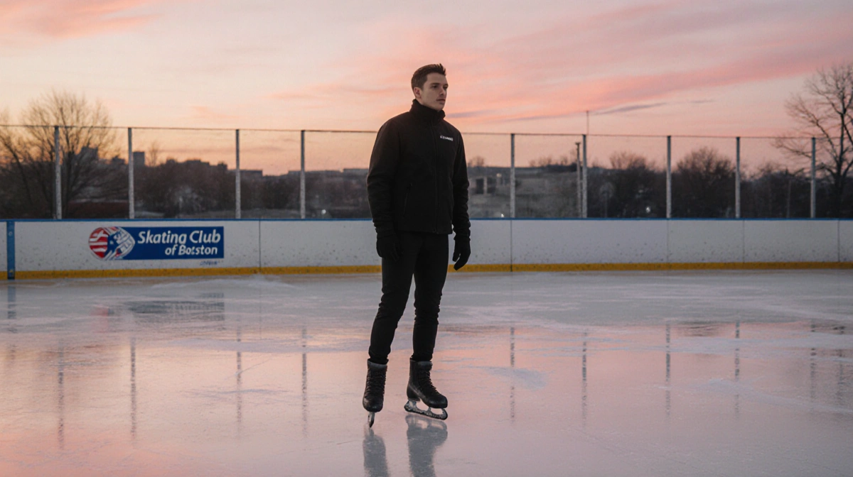 Maxim Naumov skating on outdoor ice rink with Skating Club of Boston logo visible at dawn