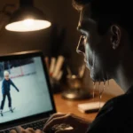 Maxim Naumov watching childhood skating video with tears and warm desk light