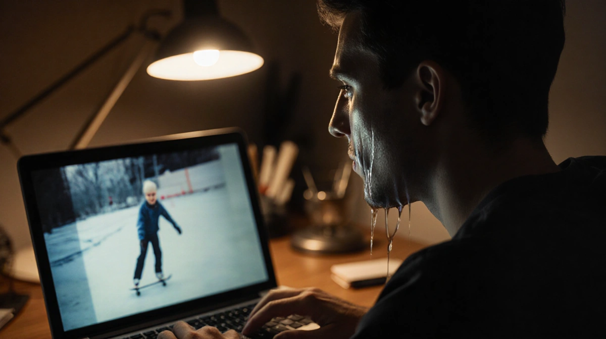 Maxim Naumov watching childhood skating video with tears and warm desk light