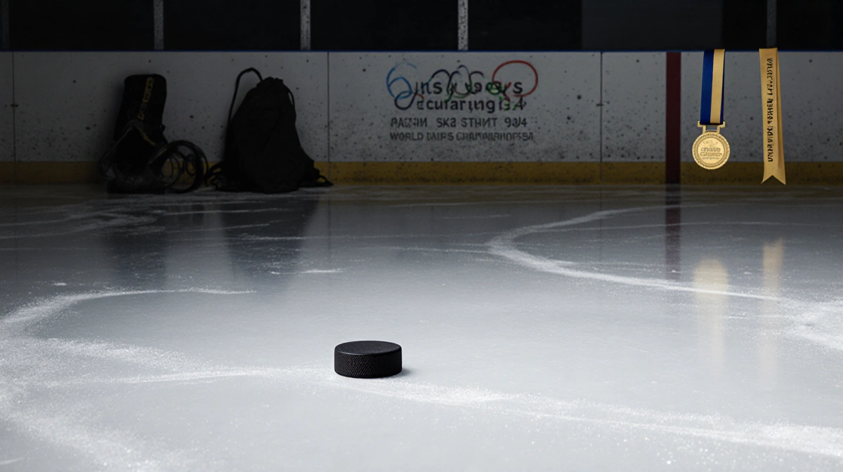 Empty figure skating rink holds lone hockey puck with golden medal lying on ice and championship banner on wall