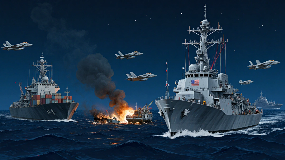 U.S. naval warships escort a cargo tanker while smoke drifts from damaged vessels in foreground