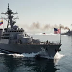 US warship pursuing Venezuelan vessel with American flag and Venezuelan emblem on calm sunlit sea.