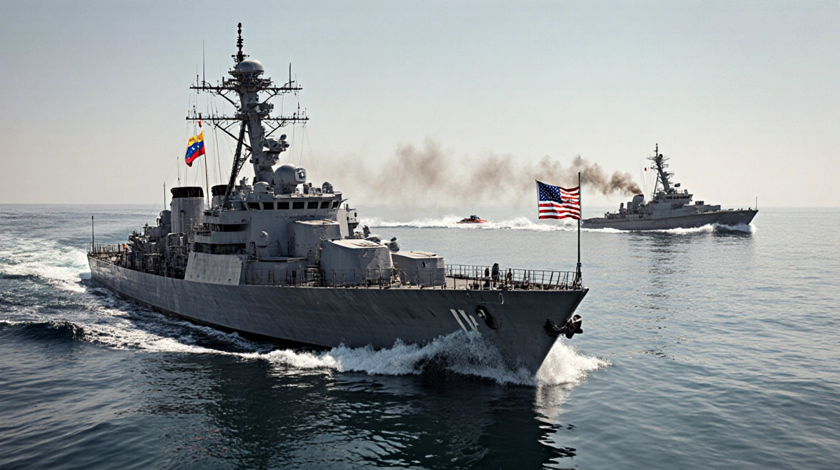 US warship pursuing Venezuelan vessel with American flag and Venezuelan emblem on calm sunlit sea.