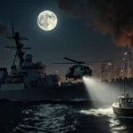 Destroyer sailing toward Caracas harbor with deck spotlight while explosions blaze in skyline and a small boat flees.