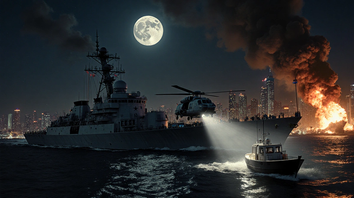 Destroyer sailing toward Caracas harbor with deck spotlight while explosions blaze in skyline and a small boat flees.