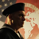 Stern Navy sailor stands before faded American flag with clasped hands and Chinese logo blurred behind