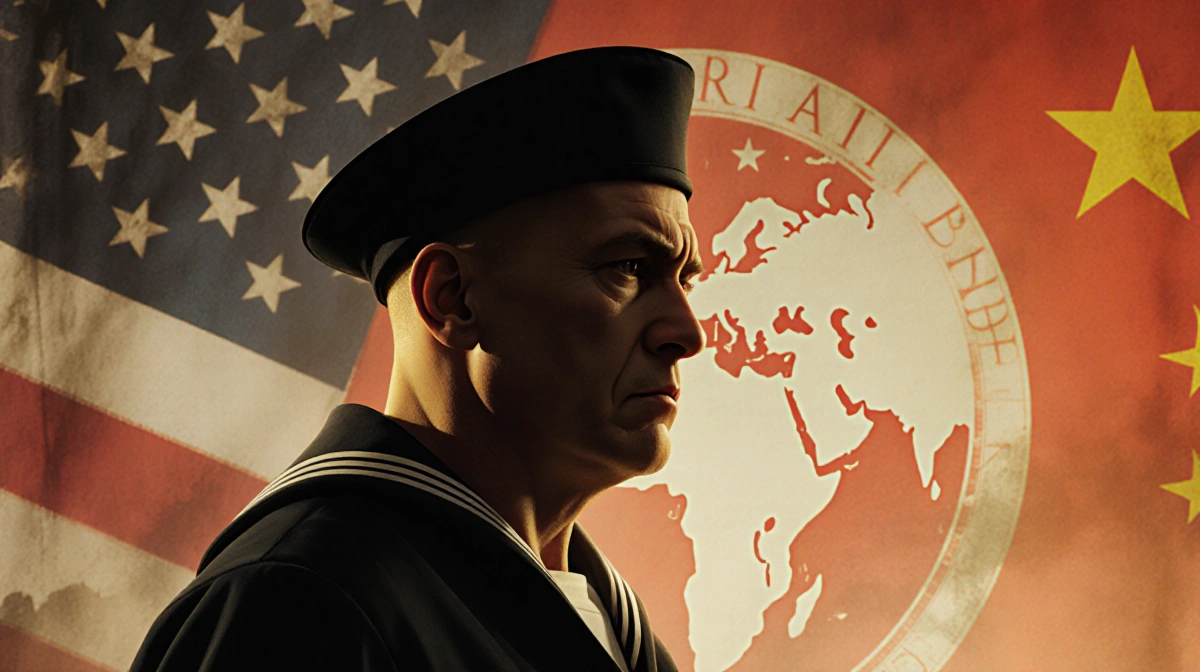 Stern Navy sailor stands before faded American flag with clasped hands and Chinese logo blurred behind