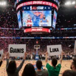 Fans cheering with confetti while NBA All-Star logos glow on the scoreboard and a split-screen shows vote tallies.