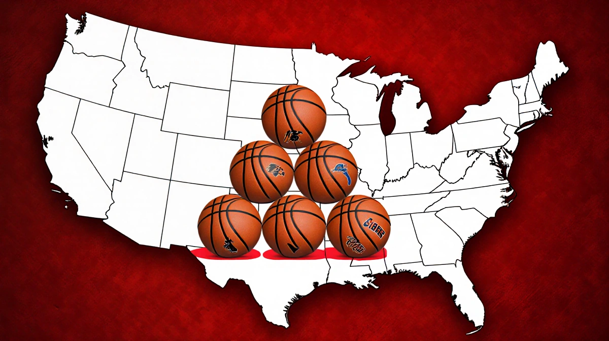 Six NBA basketballs form triangle on North America map with Eastern Conference region highlighted in red