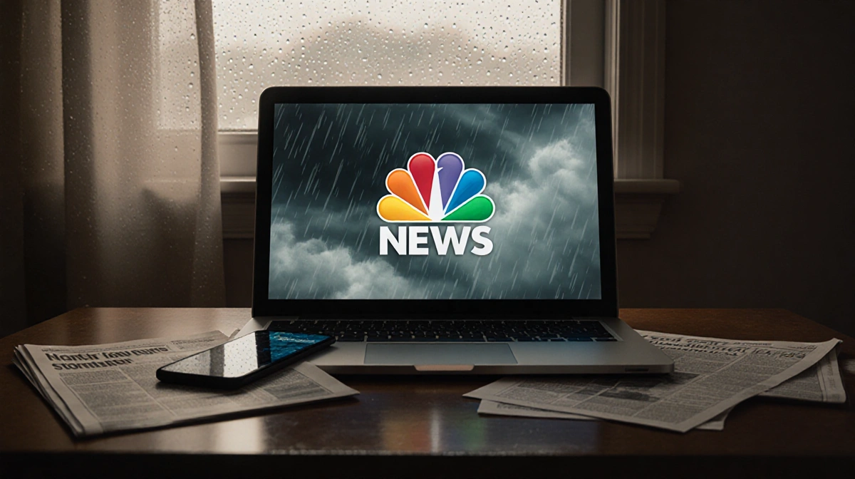 Laptop screen shows NBC4 News storm forecast with rain overlay and smartphone reflection and community storm reports.