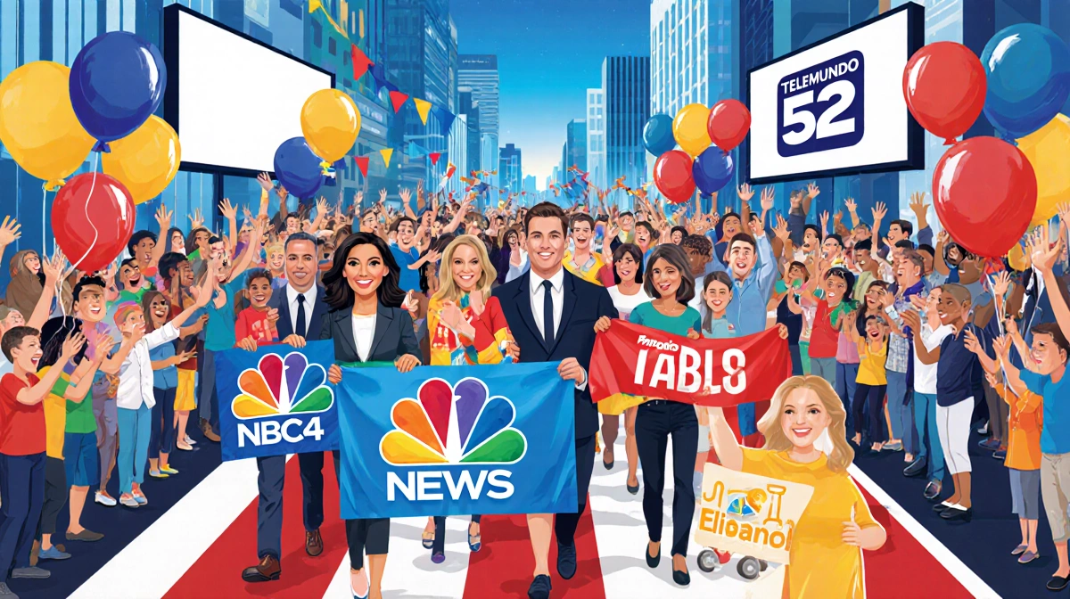 NBC4 and Telemundo 52 news anchors parade along route with network logos and cheering crowd