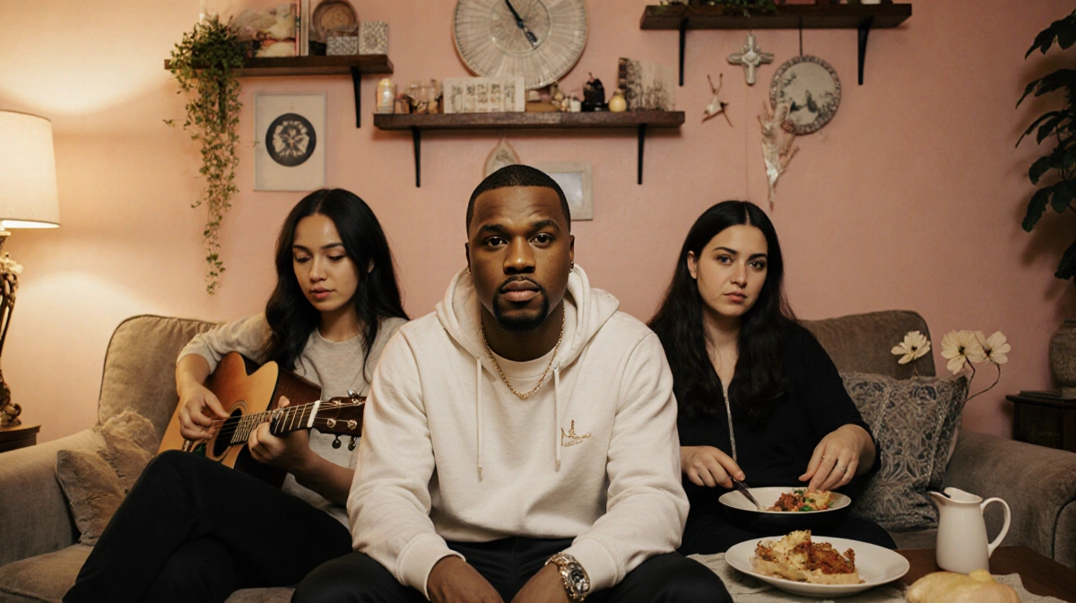 Ne-Yo relaxing in cozy living room with three women reading guitar and cooking dinner