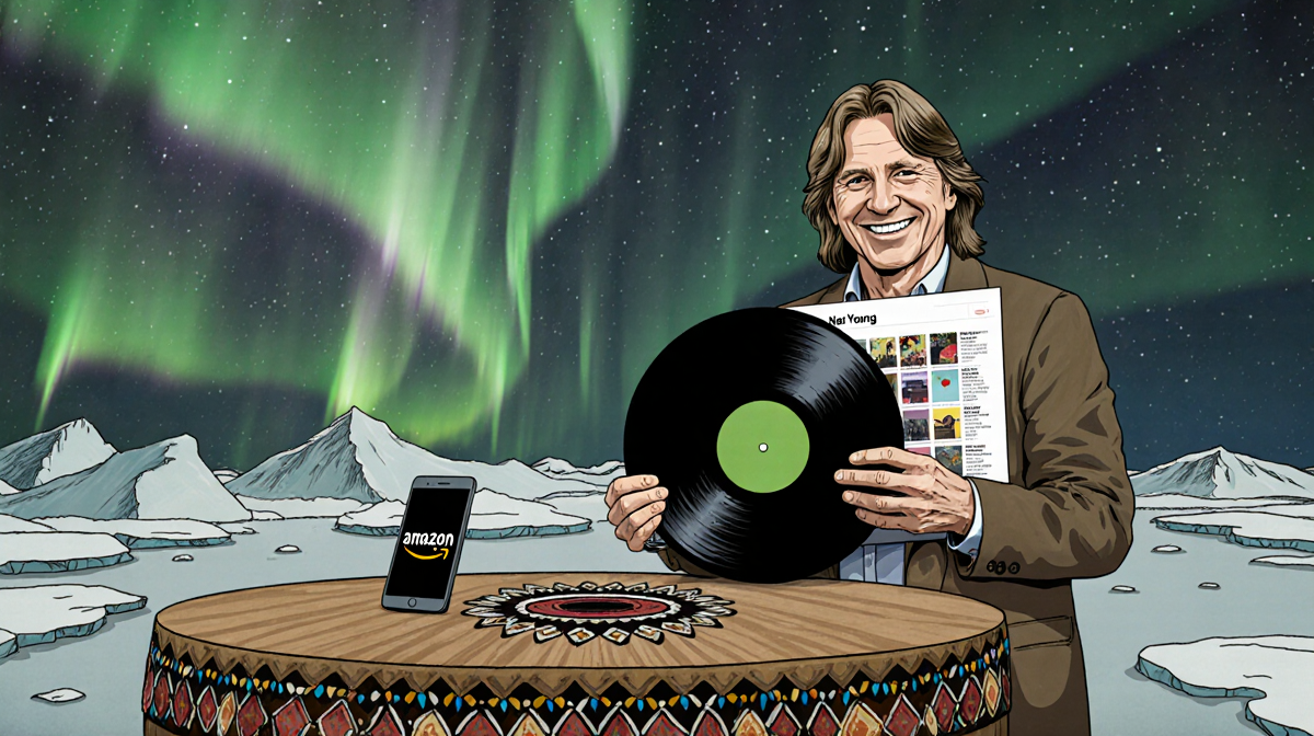 Neil Young smiles holding a vinyl record with his catalog behind and a cellphone on an Inuit table beneath Northern Lights.