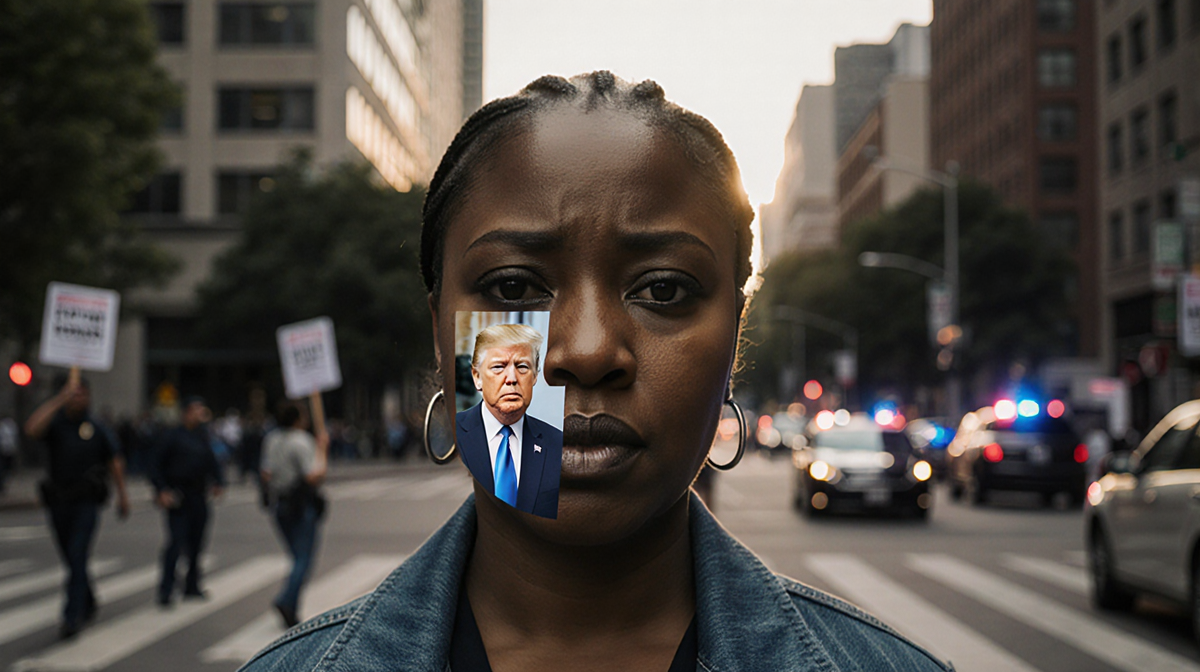 Nekima Levy Armstrong faces camera with White House overlay and Minneapolis protest backdrop