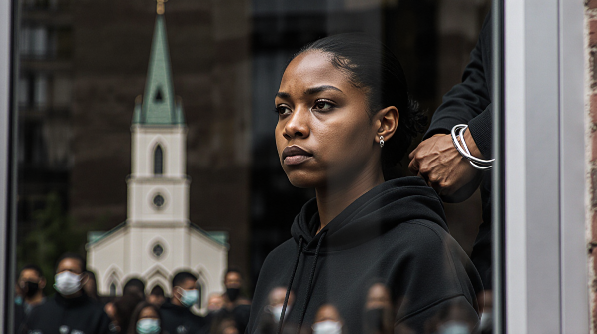 Nekima Levy Armstrong is arrested in protest with her hands behind her back and a determined profile against a blurred church