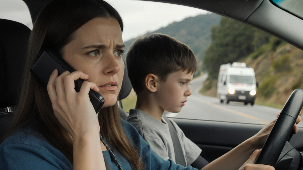 Woman driving car with phone and concerned face and toddler passenger heading toward distant hospital