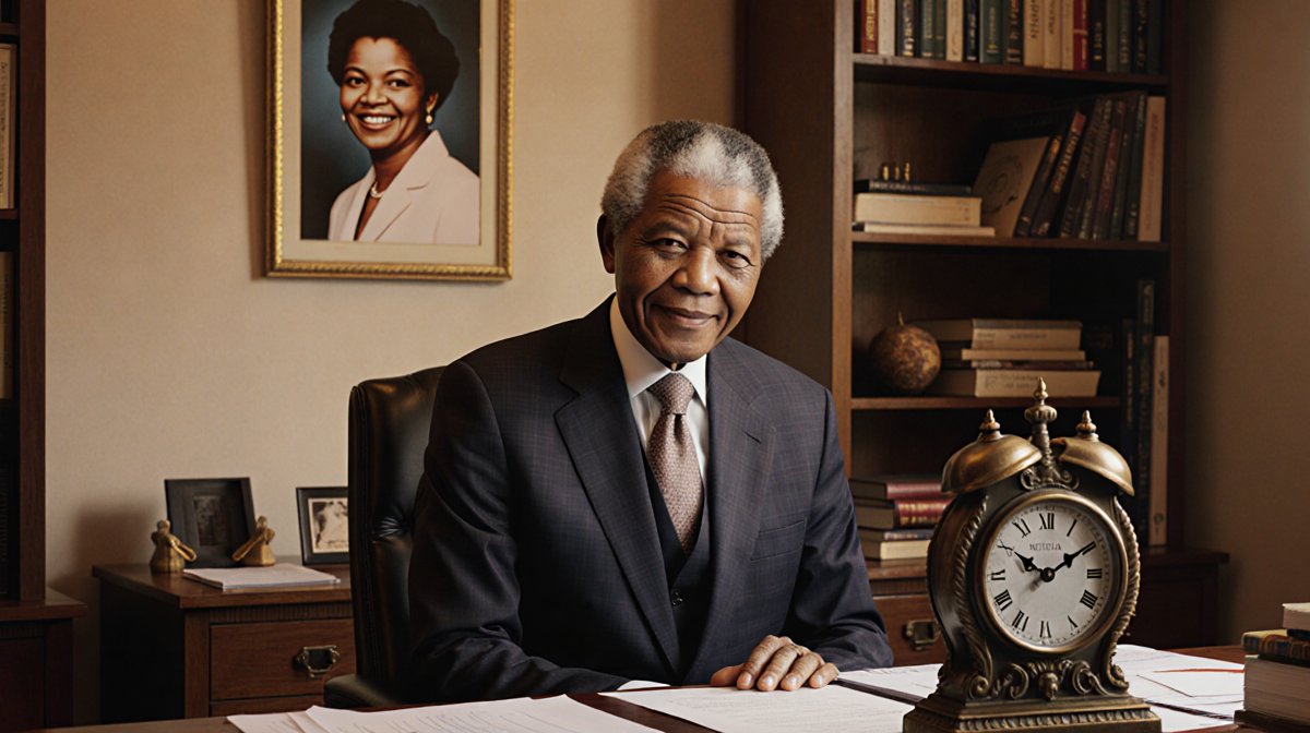 Nelson Mandela sits at a desk in a study with books and a framed photo of Winnie Madikizela-Mandela behind him.
