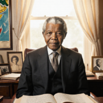 Nelson Mandela reading a book with handwritten notes in his lap, illuminated by warm golden light from the window