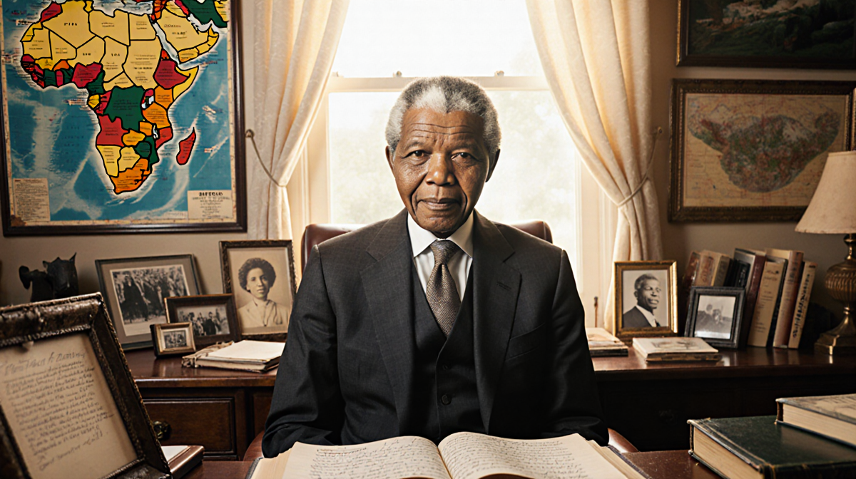 Nelson Mandela reading a book with handwritten notes in his lap, illuminated by warm golden light from the window