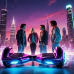 Young adults gather around a glowing hoverboard with neon skyscrapers and 80s outfits showing retro-futuristic style